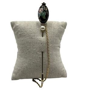 Vintage Pearl Cloisonné Black Gold Egg Oval Cloisonne Flower Stick Hat Lapel Pin